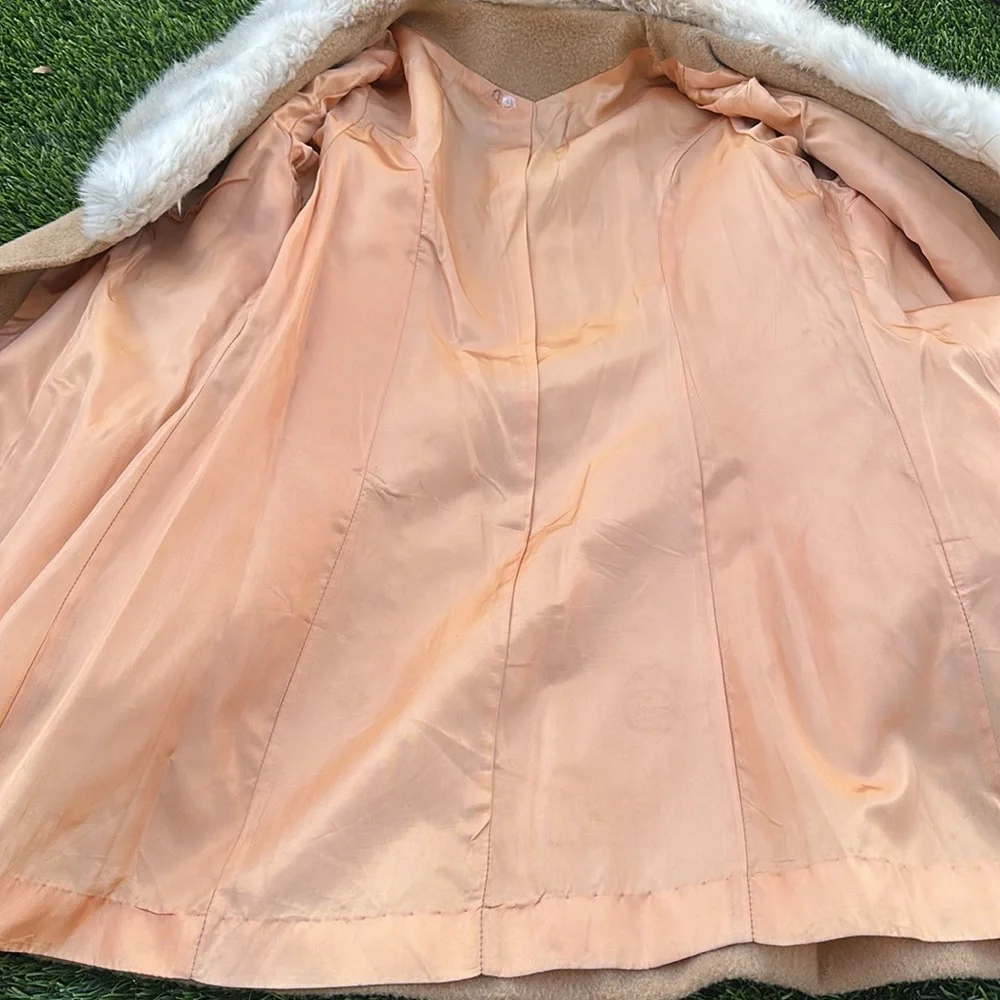 Vintage wool & faux fur collar double-breasted belted coat penny lane style, 14 - Picture 10 of 11